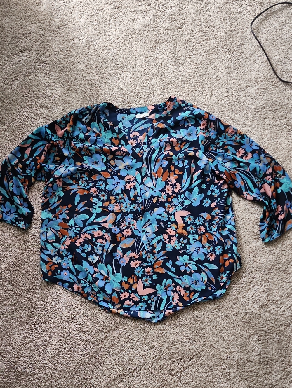 Maurices Navy Floral V-Neck Blouse with Teal and Coral Accents